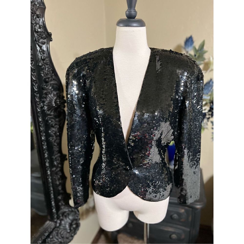 Vintage Black Sequin Silk Jacket Miss Jackson's Size Small